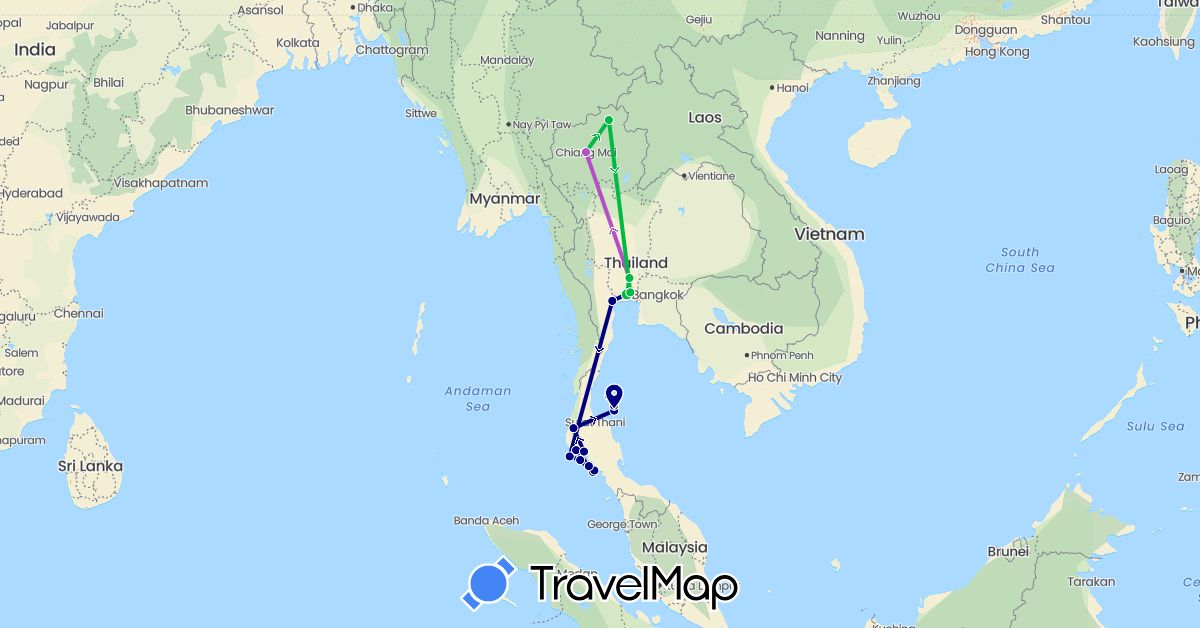 TravelMap itinerary: driving, bus, train in Thailand (Asia)